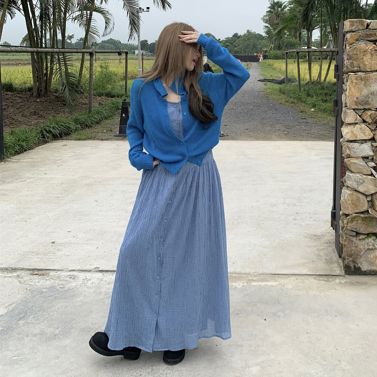 【ワンピース】韓国風チェック柄 夏の甘くて爽やかなノースリーブワンピース【SHシリーズ】