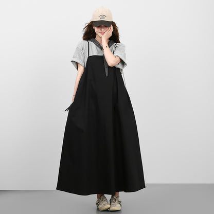 2点セット！【セットアップ】韓国風シンプル Tシャツ+ノースリーブワンピースセット 体型カバーも叶うゆったり大人コーデ【JZシリーズ】