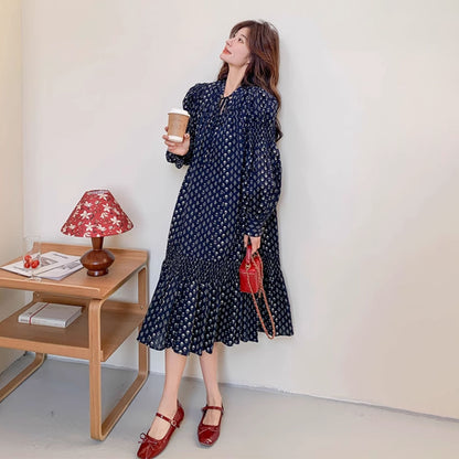 【ワンピース】フラワープリント リボン付き 長袖ワンピース レディース マキシ丈 トレンドコーデ 大人可愛い【SHシリーズ】