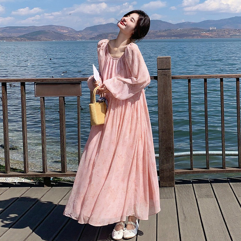 【ワンピース】フェミニン 長袖 花柄ワンピース レディース 春夏秋 シフォン バックオープン ロング丈【SHシリーズ】