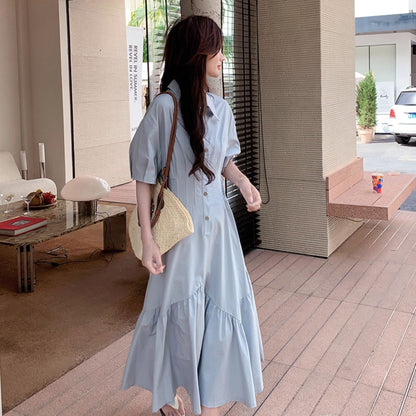 【ワンピース】韓国風 甘めポロ襟マーメイドワンピース 夏 ロング 半袖シャツワンピース【JZシリーズ】