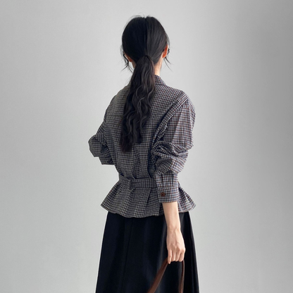 【トップス】韓国風 シンプルギンガムシャツ レディース ベルト付き デザインシャツ 襟付き ウエストマーク 美シルエット 着回しトップス【JZシリーズ】