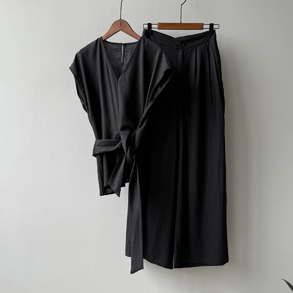 【セットアップ】【単品注文】夏 Vネック ノースリーブ シャツ + ワイドパンツ 2点上下セット 【SNシリーズ】