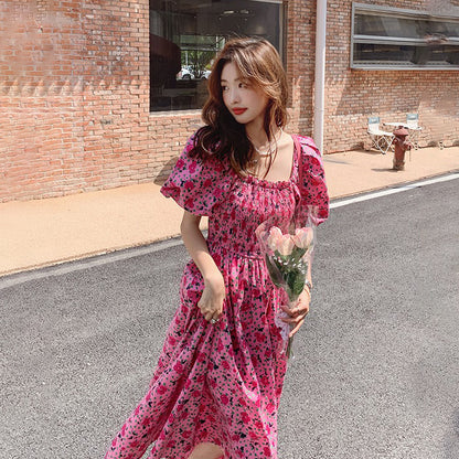 【ワンピース】夏 フレンチエレガンス ゆったりスクエアネック パフスリーブ シェイプアップ 半袖フラワープリントワンピース【SHシリーズ】