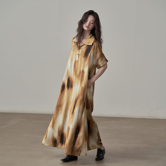 【ワンピース】新中式プリント 気品あるフィット感 ロング丈 半袖 シャツワンピース【SHシリーズ】