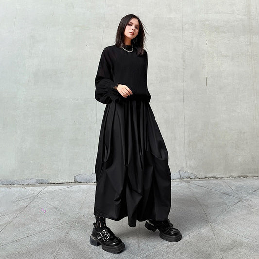 【ボトムス】日系ダーク風 切替 プリーツ ハイウエスト スカート ゆったり 美脚  万能 ロングスカート【AHシリーズ】