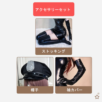 【ハロウィン】コスプレ ポリス レディース 光沢PU タイト ジャンプスーツ アメリカン セクシー クラブ風 衣装