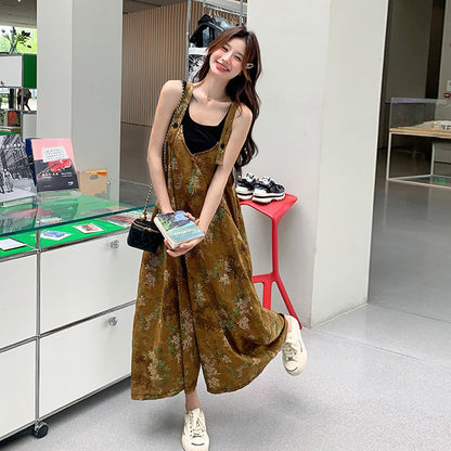 【ボトムス】エスニック調フラワープリント 夏新作 高級感 高見え ハイウエスト落ち感 オールインワン【SHシリーズ】