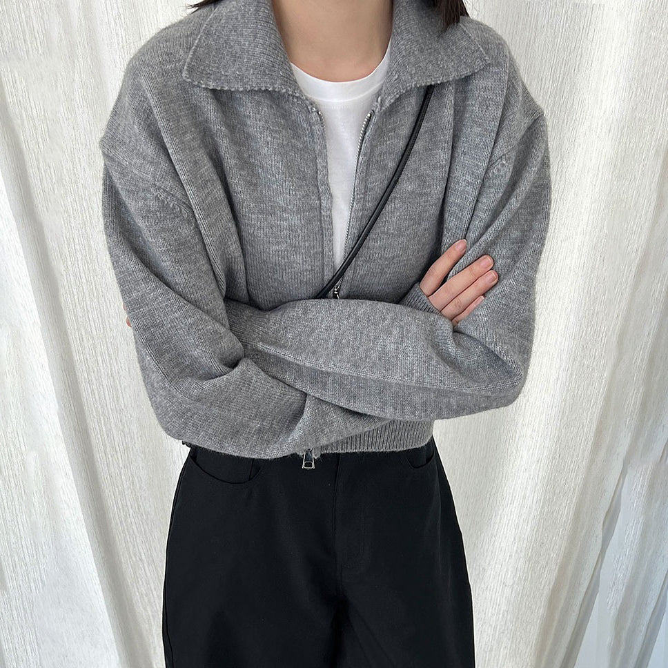 【トップス】春 秋 冬 ショート丈  ダブルジップ ニットカーディガン ポロカラー セーター 【JZシリーズ】