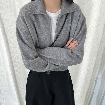 【トップス】春 秋 冬 ショート丈  ダブルジップ ニットカーディガン ポロカラー セーター 【JZシリーズ】