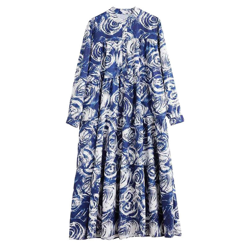 【ワンピース】韓国風 春秋新作 ゆったり大きめサイズ 体型カバー 花柄長袖ミディアムワンピース【SHシリーズ】