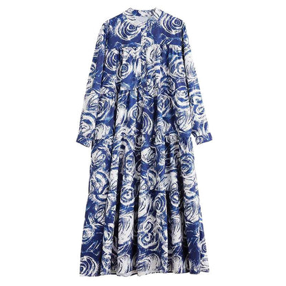 【ワンピース】韓国風 春秋新作 ゆったり大きめサイズ 体型カバー 花柄長袖ミディアムワンピース【SHシリーズ】