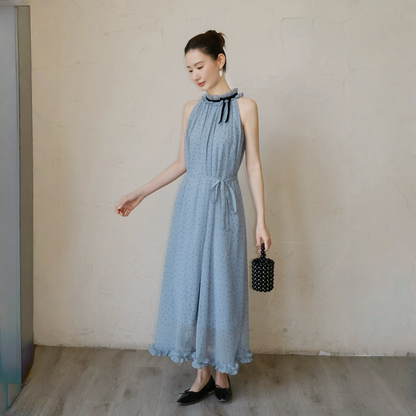 【ワンピース】夏 フリルレース ホルターネック ロング ノースリーブ ワンピース 【JZシリーズ】