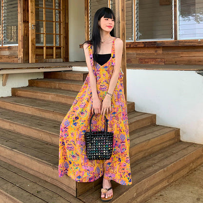 【ボトムス】アート油彩柄 サロペット レディース オールインワン 夏 Vネック ワイドパンツ ゆったり 体型カバー 涼しげ 着痩せ 上品 モード カジュアル【SHシリーズ】