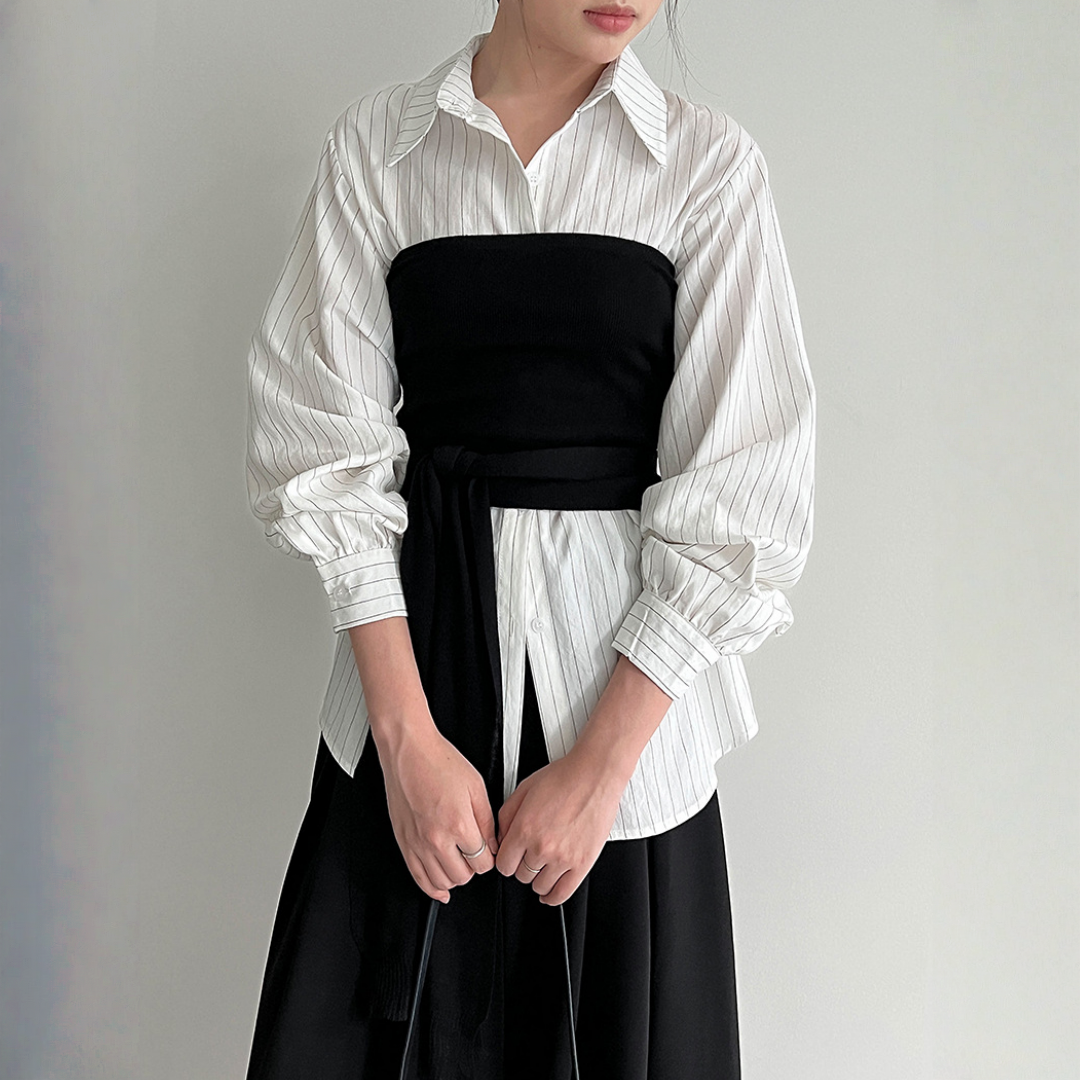 【トップス】春 秋 冬 ストライプ ブラウス+チューブトップ  2点セット 【JZシリーズ】