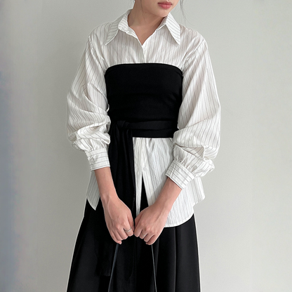 【トップス】春 秋 冬 ストライプ ブラウス+チューブトップ  2点セット 【JZシリーズ】