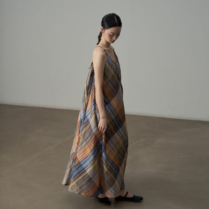 【ワンピース】フレンチヴィンテージ風 ロマンチック カラーヤーンチェック柄 ノースリーブ オフショルダーワンピース【SHシリーズ】