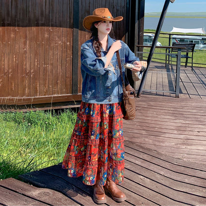 【セットアップ 】レトロデニムジャケット＋花柄キャミワンピース レディース 春秋 上品 可愛いノースリーブワンピース 人気2点セット【SHシリーズ】