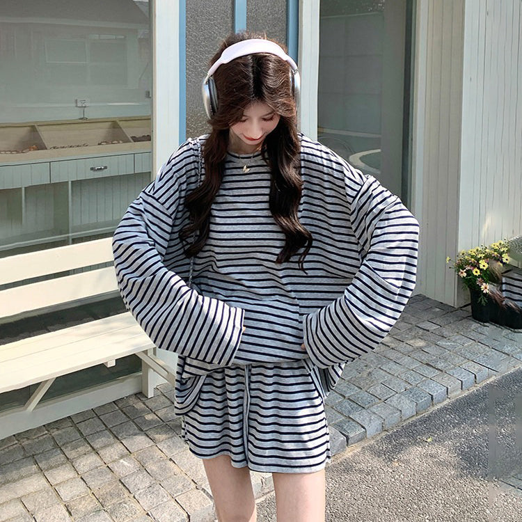 2点セット！【セットアップ】着回し最強すぎる✨ ストライプトップス×ショートパンツ 上下セット 夏コーデ ラクなのにおしゃれ見え【JZシリーズ】