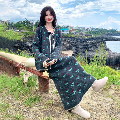 【セットアップ】花柄 ニットノースリーブワンピース + カーディガン セットアップ レディース 春秋 上品可愛い おしゃれ 2点セット【SHシリーズ】