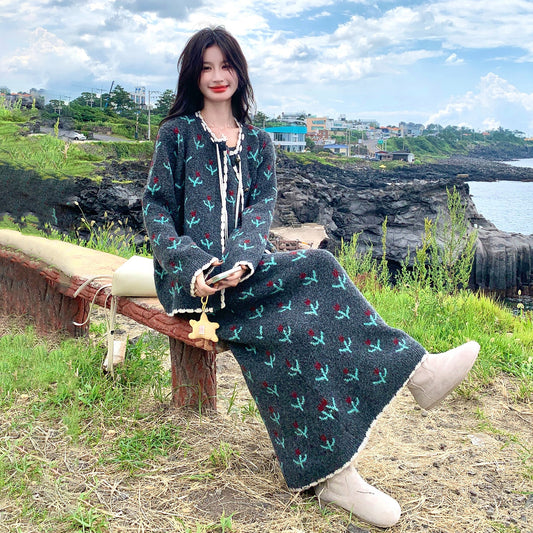 【セットアップ】花柄 ニットノースリーブワンピース + カーディガン セットアップ レディース 春秋 上品可愛い おしゃれ 2点セット【SHシリーズ】