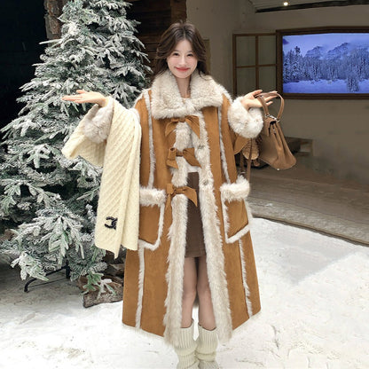 【アウター】リボン付き フェイクファー コート 冬新作 シープボアデザイン 長袖 綿入れコート【JZシリーズ】