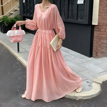 【ワンピース】7カラー 夏 韓国風 ゆったり 大きめサイズ ロング丈 無地 長袖ワンピース