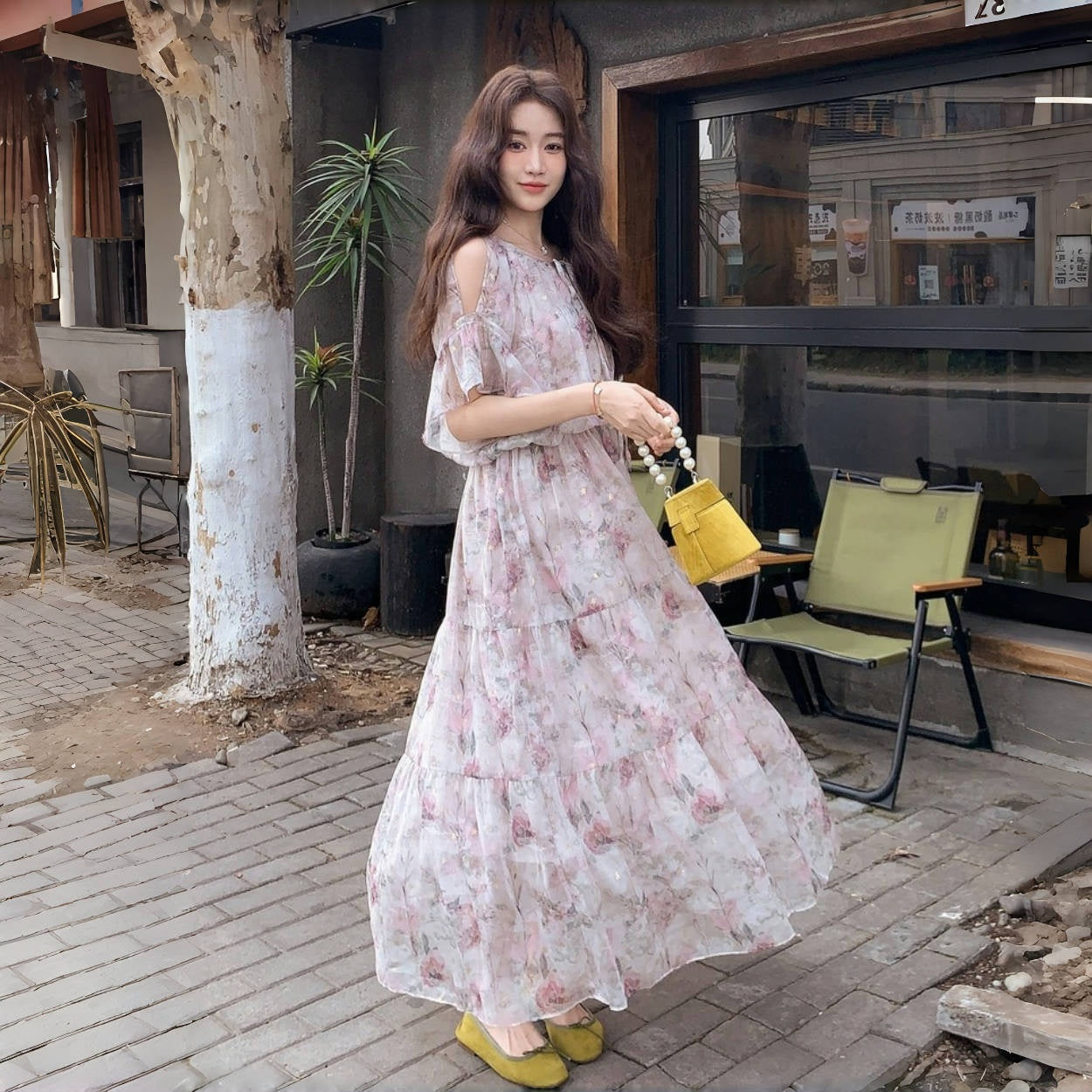 【ワンピース】フレンチ オフショルダー フリルスリーブ 花柄ワンピース 夏 高見え ロングドレス【SHシリーズ】