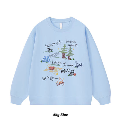 6カラー | S~3XL【トップス】アウトドアグラフィック 手描き風 デザイナーズシリーズ クルーネックスウェット 学院風 ゆったり パーカー【FCシリーズ】