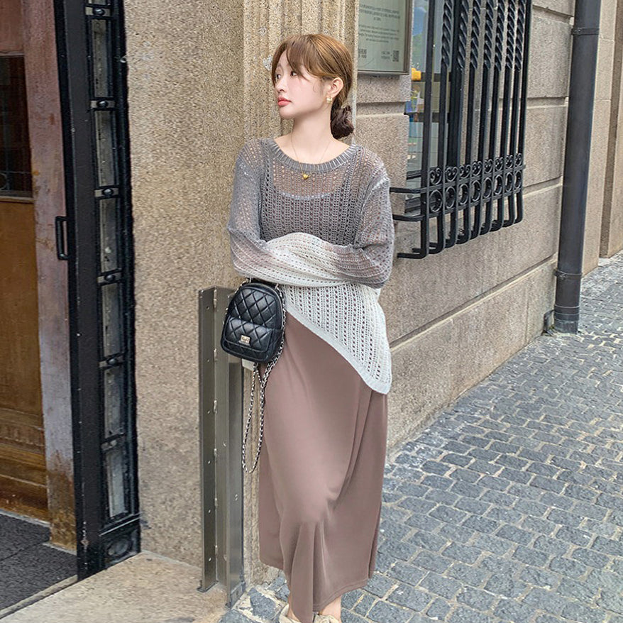 2点セット！【セットアップ】グラデーションニットカーディガンセット ワンピース レディース 韓国風 雰囲気抜群 絶美でユニーク【JZシリーズ】