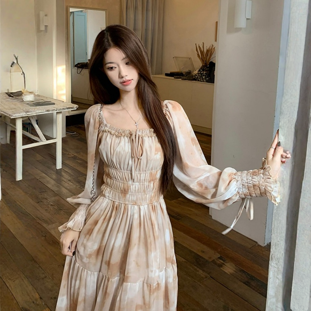 【ワンピース】フレンチ 小花柄 ウエストゴム スクエアネック 長袖 ワンピース 【SHシリーズ】