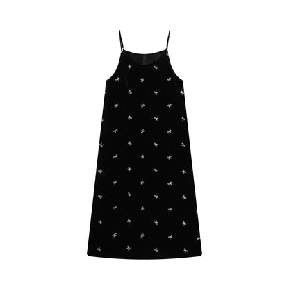 【ワンピース】ベロア刺繍 Vネック ノースリーブ ワンピース レディース 秋冬 韓国風 厚手 Aライン ロング丈【SHシリーズ】