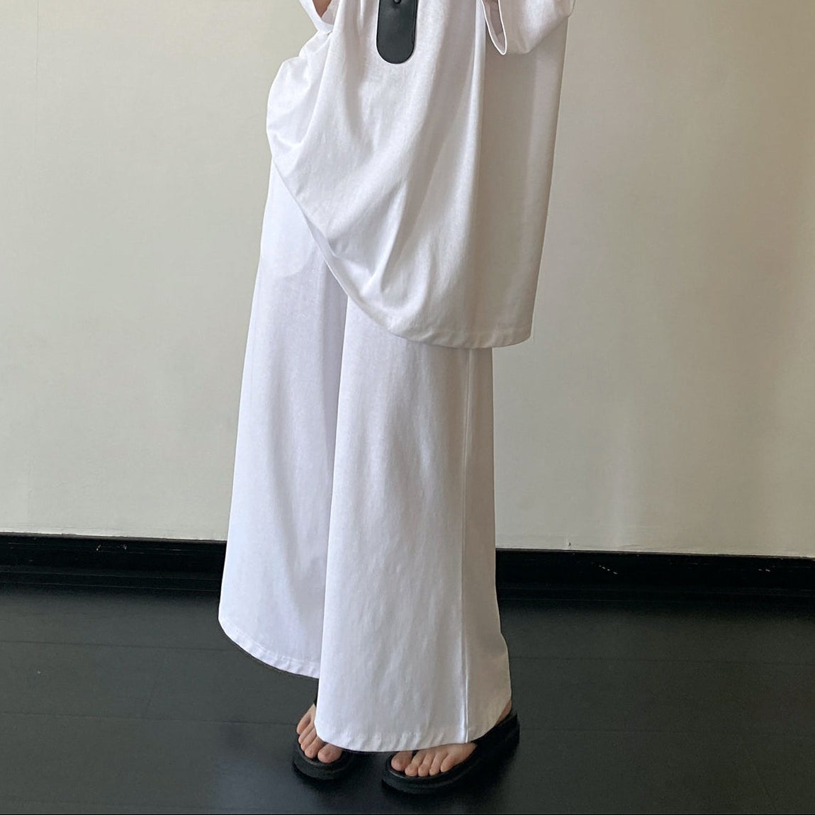 【セットアップ】【単品注文】リネンコットン風 半袖Tシャツ＋ワイドパンツ 上下セット ホワイト ゆったり ルーズフィット リラックス カジュアル 春夏【FCシリーズ】