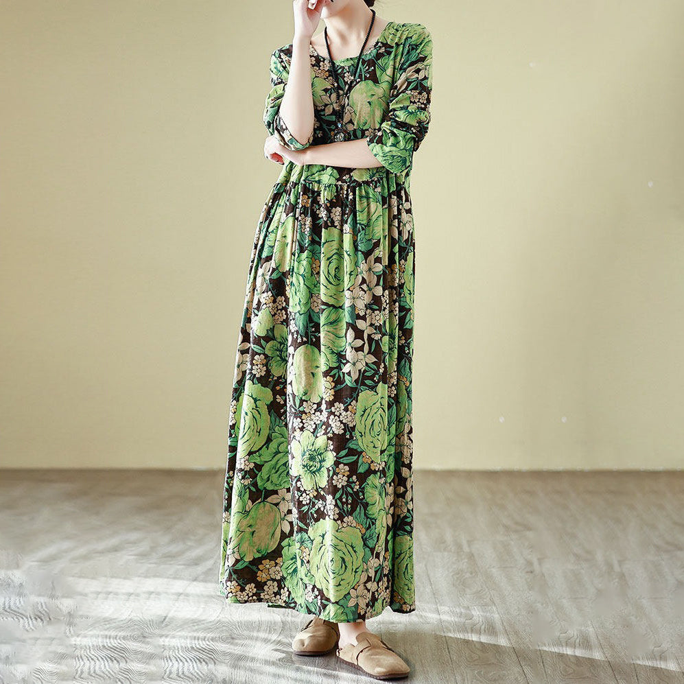 【ワンピース】花柄 気質アップ レディース 長袖ワンピース リゾート風 旅行用 丸首 ヴィンテージ風 レス【SHシリーズ】