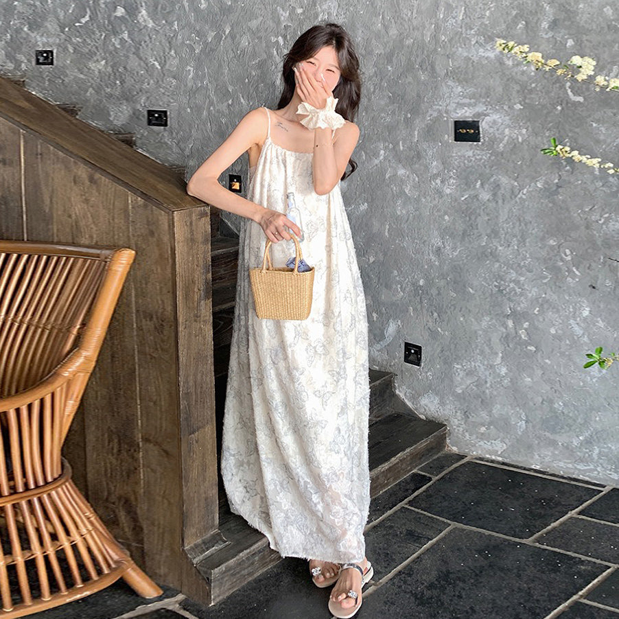 【ワンピース】夏新作 レース刺繍＆バタフライプリント ノースリーブキャミソールワンピース 気質漂うエレガントロングドレス【SHシリーズ】