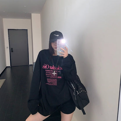 【トップス】ゆるシルエット フロッキープリント 薄手 長袖Tシャツ 【FCシリーズ】