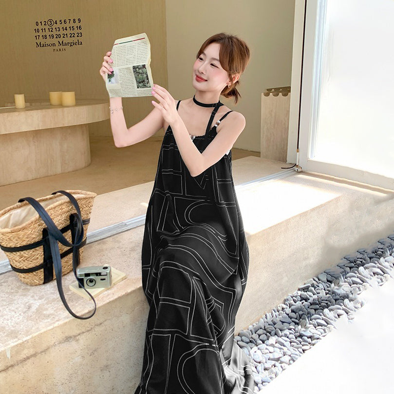 【ワンピース】バカンス配色ジオメトリックプリント リラックス感細見え ノースリーブキャミワンピース【SHシリーズ】