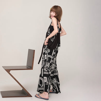 【ボトムス】ミュージックムード漂う Vネックサロペット ゆったりオーバーサイズ 春夏新作 ワイドパンツオールインワン【SHシリーズ】