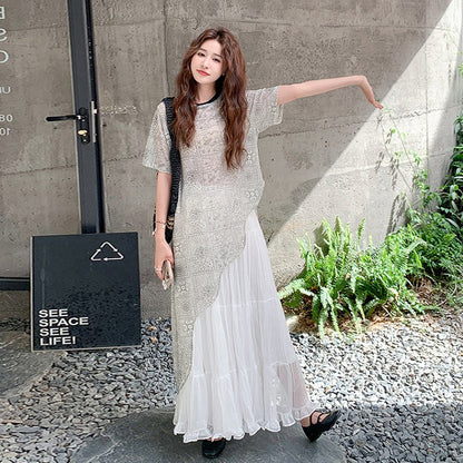 2点セット！【セットアップ】フレンチ風 レイヤードデザイン カーディガン＋スカート上下セット【SHシリーズ】