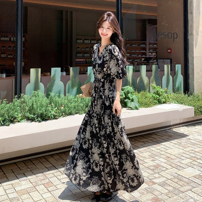 【ワンピース】フレンチ風 花柄 半袖ワンピース レディース 夏 パフスリーブ ティードレス ロング丈【SHシリーズ】