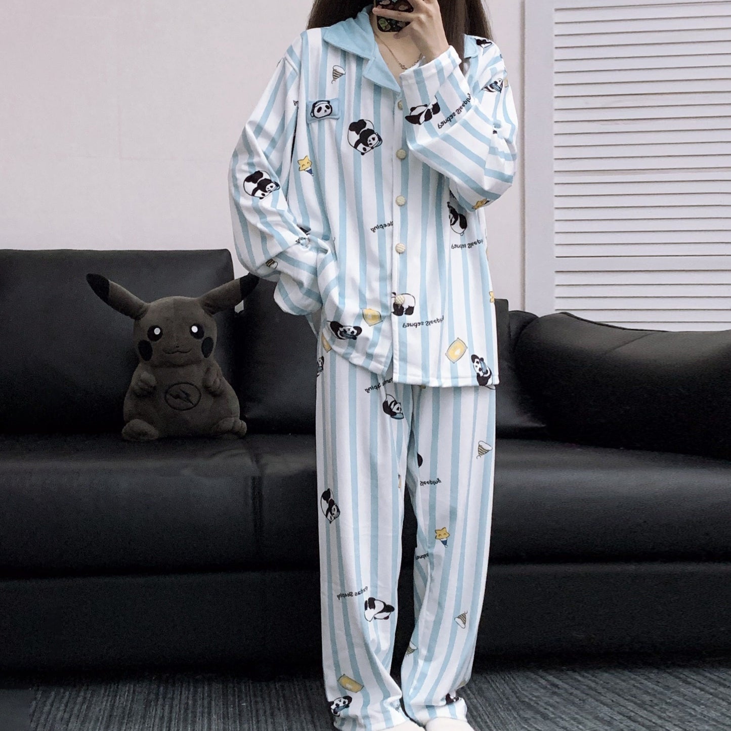 【インナー】かわいいパンダ ストライプ柄 アイランドフリース 薄手 ルームウェア レディース 秋冬