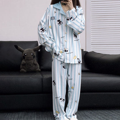 【インナー】かわいいパンダ ストライプ柄 アイランドフリース 薄手 ルームウェア レディース 秋冬