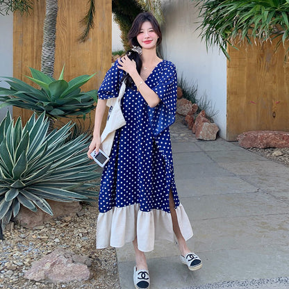 【ワンピース】高級感 ドット柄 シフォン 半袖ワンピース 超人気 おしゃれでリラックス感たっぷり リゾートロングドレス【SHシリーズ】