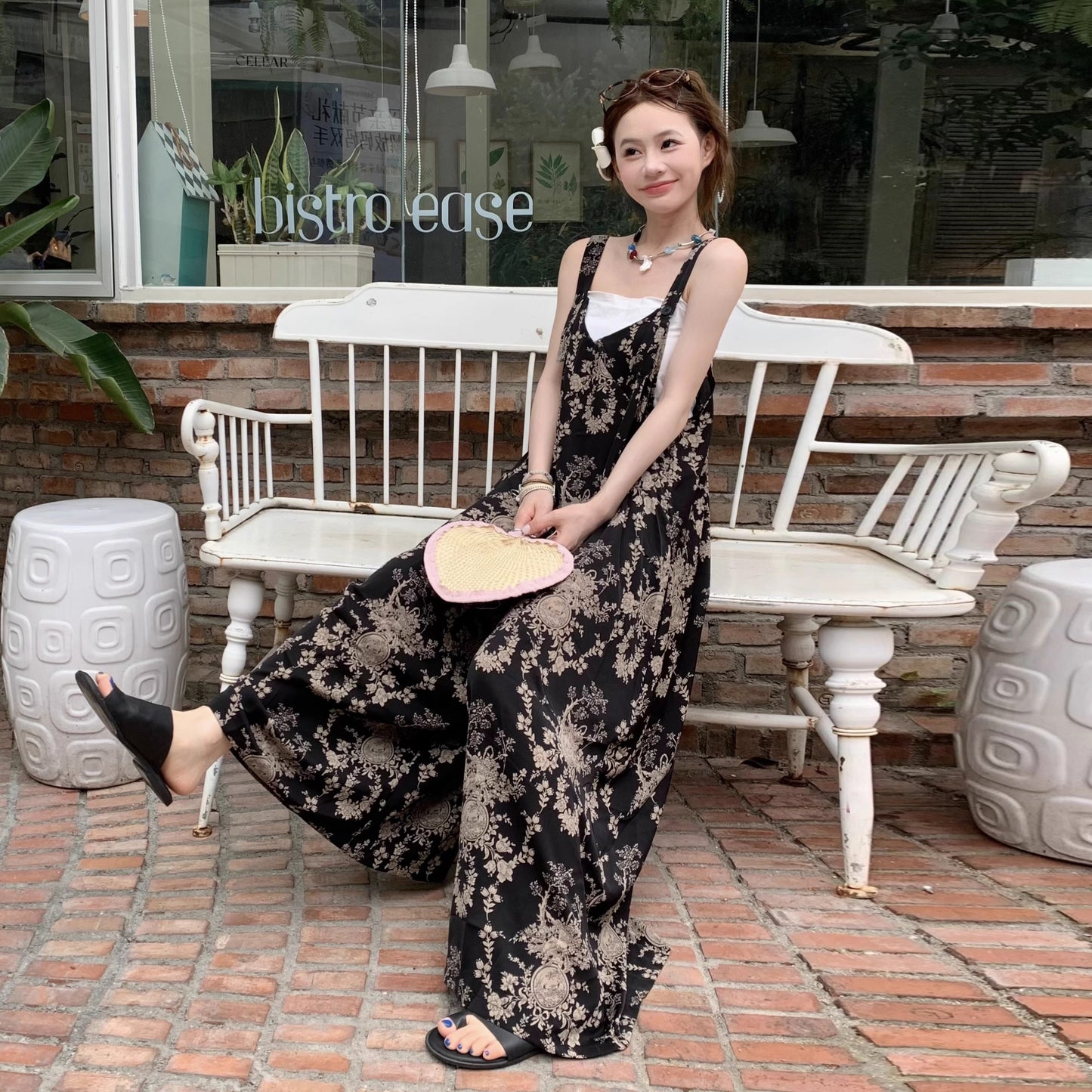 【ボトムス】夏新作 チャイナ風 ゆったりカジュアル ルーズ感たっぷり Vネックキャミオールインワン【SHシリーズ】