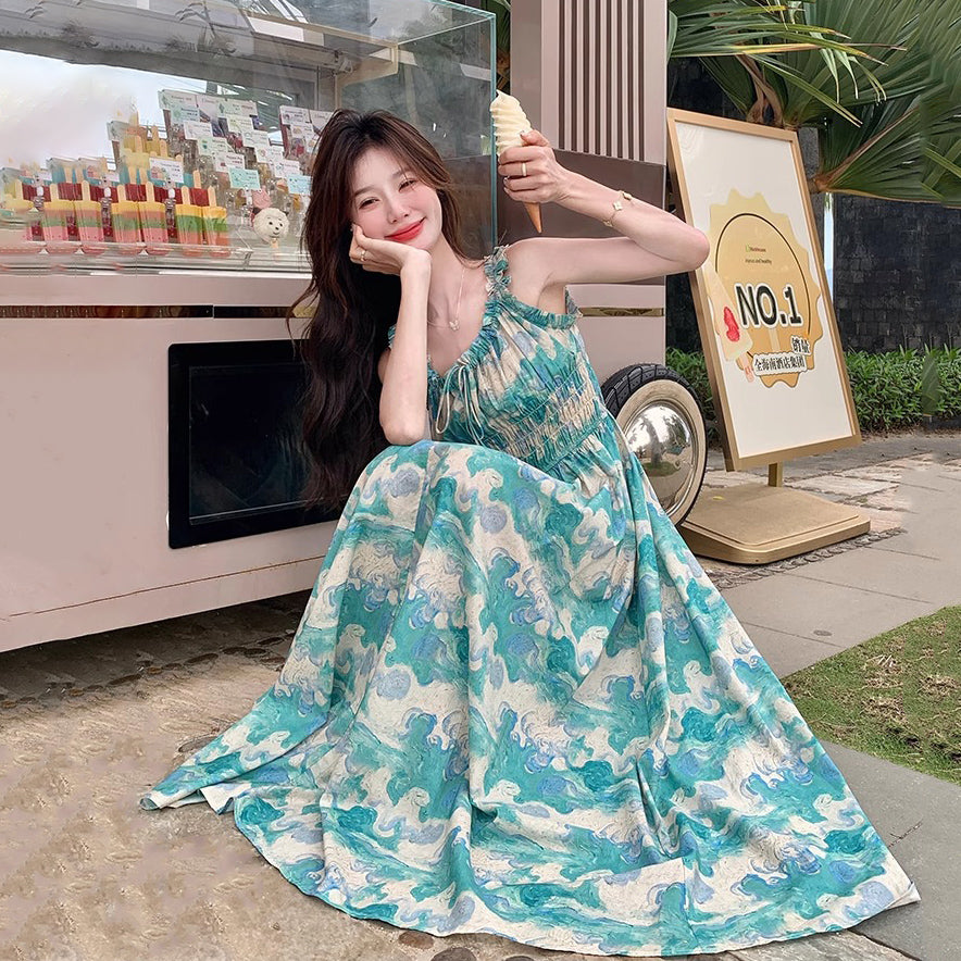 【ワンピース】夏 フレンチ風 旅行リゾート風 フラワープリント ノースリーブキャミソールワンピース【SHシリーズ】