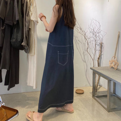 【ワンピース】レトロ感 リラックス風 ステッチデザイン×ゆったりシルエット ノースリーブワンピース