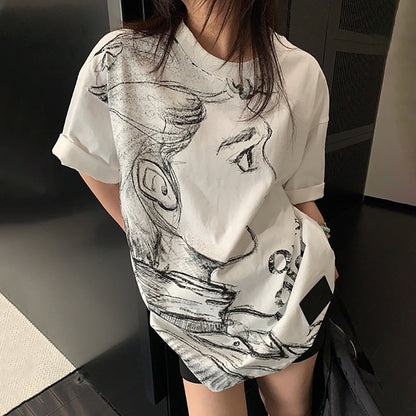 【トップス】ヴィンテージ風 スケッチプリントTシャツ レディース 夏 ルーズフィット 半袖【FCシリーズ】