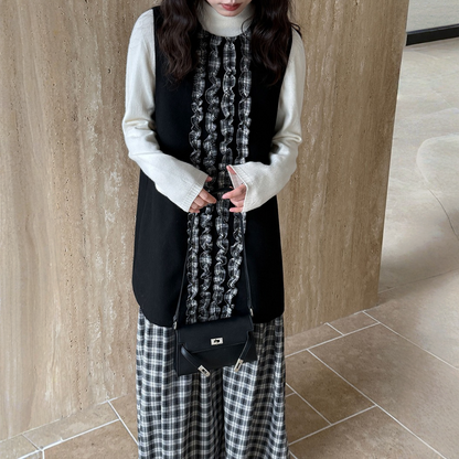 【ワンピース】春 秋 冬 チェック柄 マーメイド 花びらツイード ベスト型 ワンピース 【JZシリーズ】