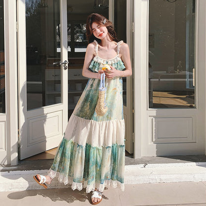 【ワンピース】フレンチヴィンテージ 森系 ビーチリゾートワンピース 油絵風 ノースリーブキャミワンピース【SHシリーズ】