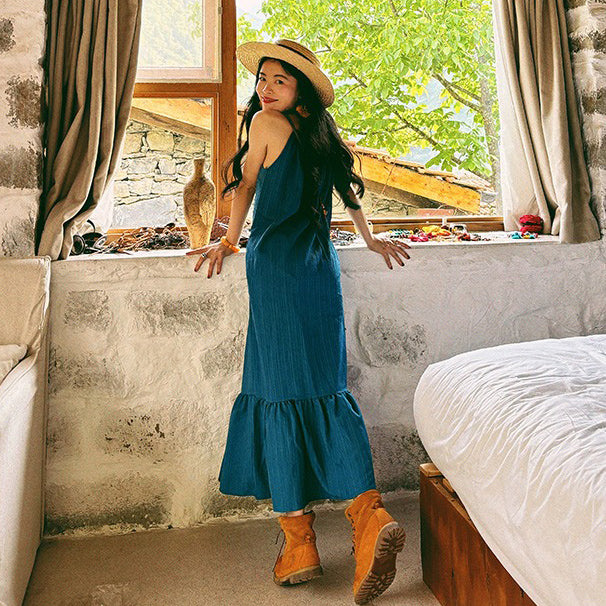 【ワンピース】ビーチリゾート 夏 ヴィンテージ風 ゆったり 無地ノースリーブワンピース【JZシリーズ】